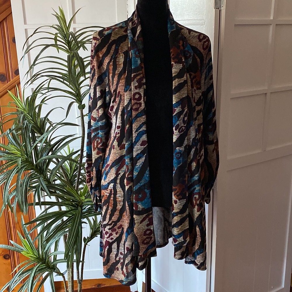 Silky leopard print tunic length layer duster optional tie QVC designer EUC